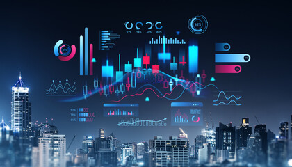Financial data visualization over modern city skyline at night.
