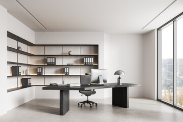 Modern office interior with minimalist furniture and large window. 3D Rendering