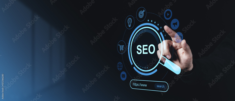 Poster seo search engine optimization concept with holographic hud interface.