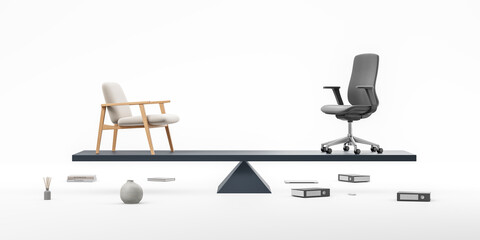 Modern office chair and classic wooden chair balanced on a seesaw. 3D Rendering