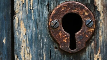 Rusty keyhole is in the middle of a wooden door. The door is old and has a lot of wear and tear