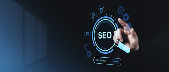 SEO search engine optimization concept with holographic HUD interface.