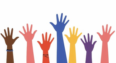 Fototapeta premium Diverse Hands Raised Together Against a White Background 
