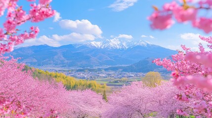A colorful landscape during cherry blossom season, with delicate pink petals swirling in the breeze against a backdrop of clear blue sky and distant mountains