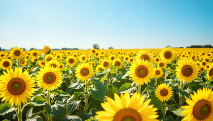 Fototapeta premium Vibrant sunflower field blooming under clear blue sky, natural beauty