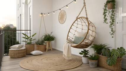 A minimalist boho-style balcony with a rattan swinging chair draped in soft, neutral cushions. The space is adorned with potted plants, woven baskets, and a jute rug, creating a natural and earthy