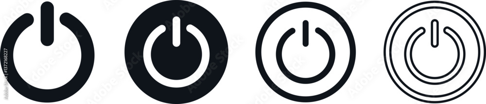 Poster power button icon set. black, white, filled and outlined symbols for on/off control systems and user