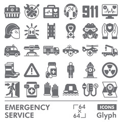 Emergency service symbols collection or sketches. human rescue theme icons in glyph style signs for web and app. Vector graphics isolated on white background.