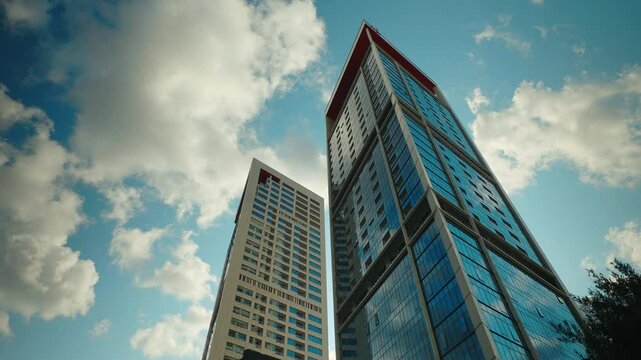 Skyscrapers demonstrate megapolis architectural style against sky with fluffy clouds. Downtown district office centre towers with glass facades low angle shot. Cityscape beauty