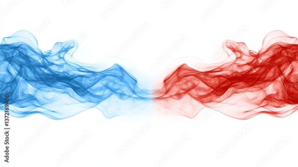 Poster dynamic interplay of red and blue smoke against a pristine white background, creating vibrant abstra