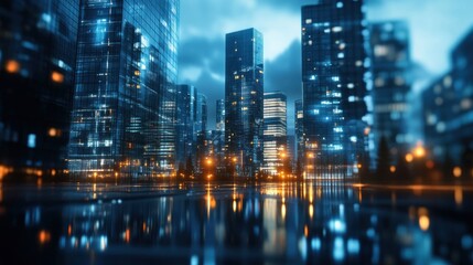 Obraz premium Modern city skyline at night, reflected in wet pavement
