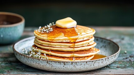 Stacked Pancakes with Syrup and Butter