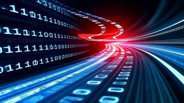 Abstract digital landscape showcasing flowing binary code and vibrant light trails, symbolizing technology and innovation