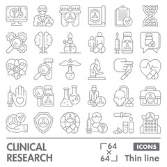 Clinical research symbols collection or sketches. medical test theme icons in thin line style signs for web and app. Vector graphics isolated on white background.