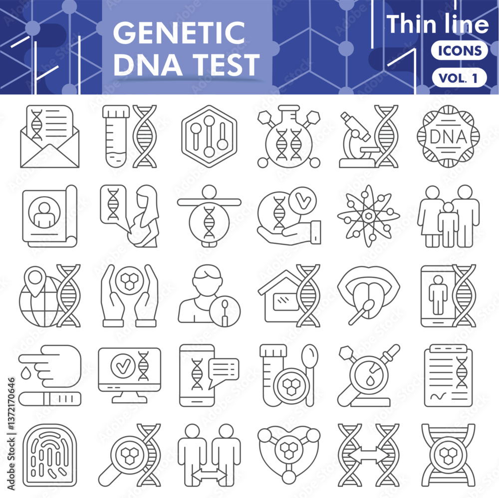 Poster dna research symbols collection or sketches. genetic dna test theme icons in thin line style signs f