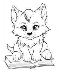 Coloring page for children and adults, wolf holding a book.
