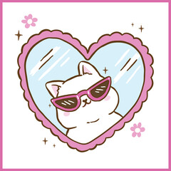 Obraz premium Cute Funny Retro Self Love Cat wear sassy glassses In Mirror Cartoon Doodle Hand Drawn
