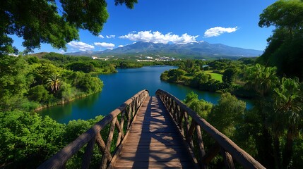 Obraz premium Mountain Lake Wooden Bridge View