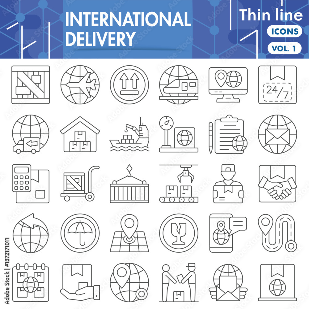 Poster delivery service symbols collection or sketches. international delivery theme icons in thin line sty