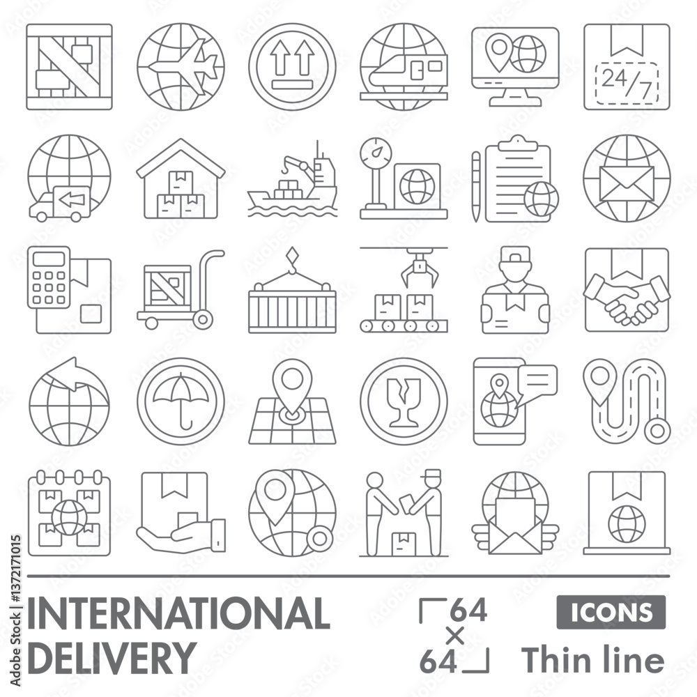 Poster delivery service symbols collection or sketches. international delivery theme icons in thin line sty