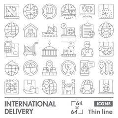 Delivery service symbols collection or sketches. international delivery theme icons in thin line style signs for web and app. Vector graphics isolated on white background.