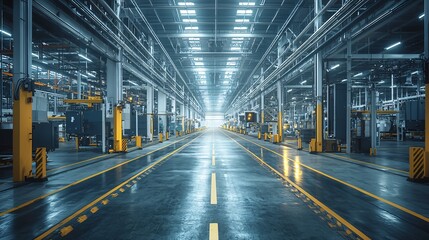 Fototapeta premium logistics infrastructure driving growth. Industrial warehouse interior with reflections on the floor.