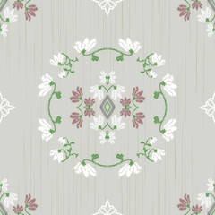 Ikat is a traditional seamless white and deep red floral shawl or sash on a light grey background.
