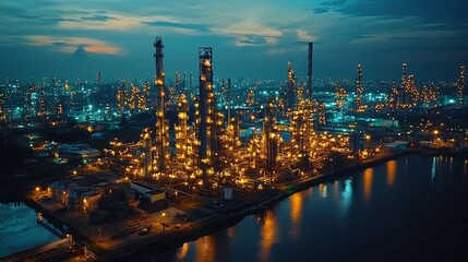 Naklejka premium logistics infrastructure driving growth. Industrial skyline illuminated at dusk over water.