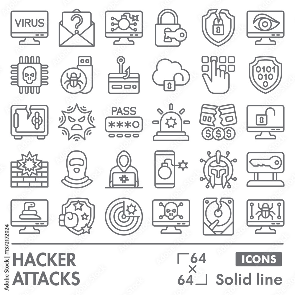 Poster hacker attacks symbols collection or sketches. cyber crime theme icons in line style signs for web a