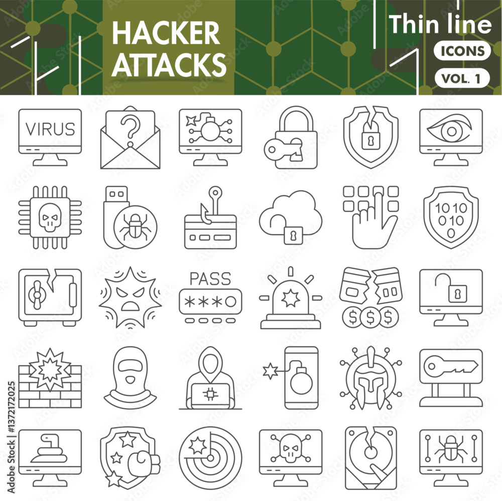 Poster hacker attacks symbols collection or sketches. cyber crime theme icons in thin line style signs for 