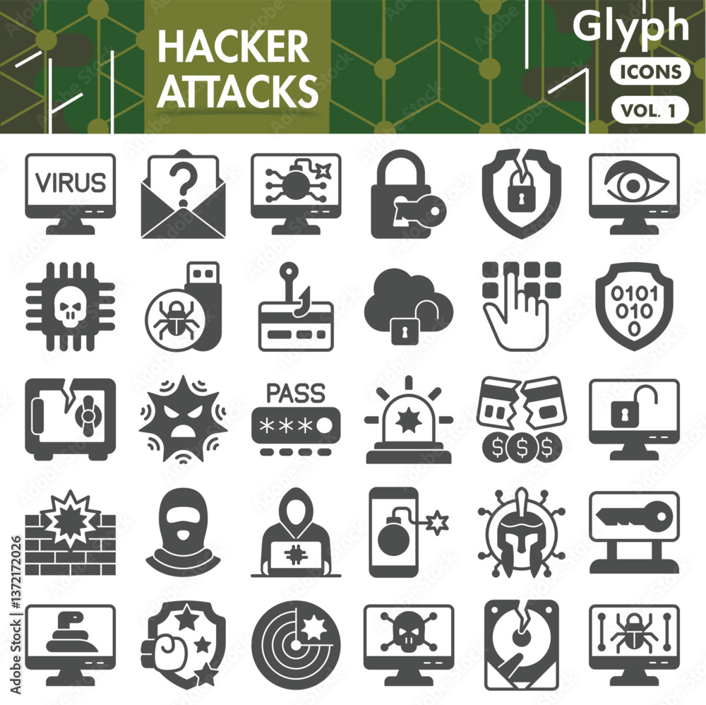 Poster hacker attacks symbols collection or sketches. cyber crime theme icons in glyph style signs for web 