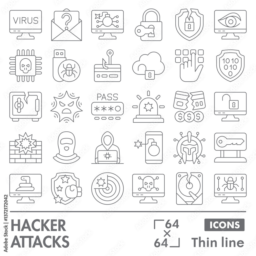 Poster hacker attacks symbols collection or sketches. cyber crime theme icons in thin line style signs for 