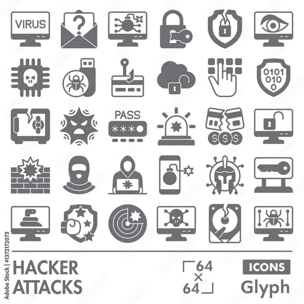 Poster hacker attacks symbols collection or sketches. cyber crime theme icons in glyph style signs for web 