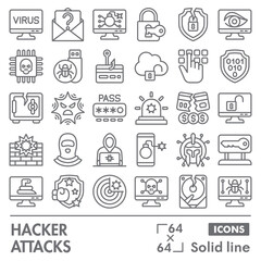 Fototapeta premium Hacker attacks symbols collection or sketches. cyber crime theme icons in line style signs for web and app. Vector graphics isolated on white background.