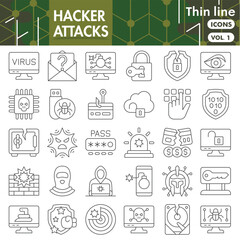 Hacker attacks symbols collection or sketches. cyber crime theme icons in thin line style signs for web and app. Vector graphics isolated on white background.