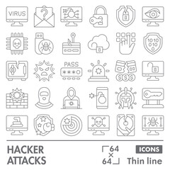Hacker attacks symbols collection or sketches. cyber crime theme icons in thin line style signs for web and app. Vector graphics isolated on white background.
