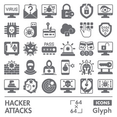 Hacker attacks symbols collection or sketches. cyber crime theme icons in glyph style signs for web and app. Vector graphics isolated on white background.