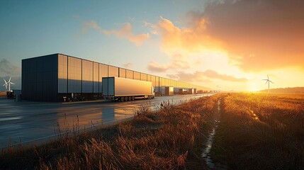 Obraz premium logistics infrastructure driving growth. Cargo containers at sunset with wind turbines in the background.