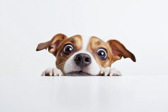 Close-up of a curious Jack Russell Terrier's expression, peering over white surface with perked ears, wide eyes, and open mouth