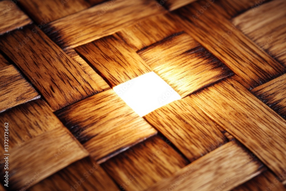 Poster close-up of light brown wooden surface with woven pattern and illuminated square object on black bac