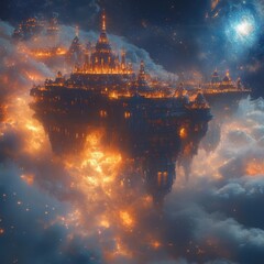 Ethereal Floating Cityscape Surrounded by Cosmic Nebula and Stars
