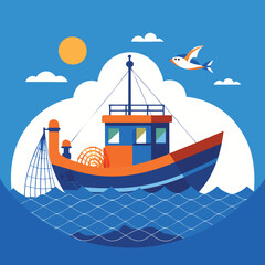 Fishing-boat-on-ocean surrounded-by-nets.