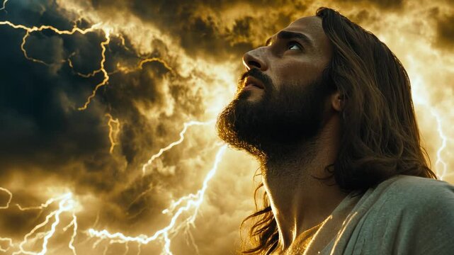 Jesus Christ looking at cloudy storm sky with lightning and thunder bolt , end of time concept
