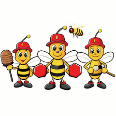 Four cartoon-bees-with-yellow-heads-and-striped.