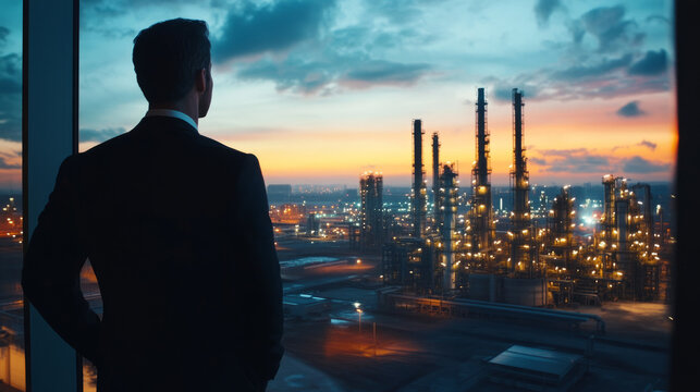 Business executive overlooking industrial landscape at sunset urban environment corporate perspective for strategic decisions