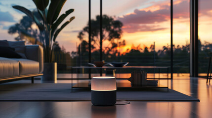 Fototapeta premium Smart mirror displaying weather and calendar, woman getting ready in a chic, minimalist bathroom