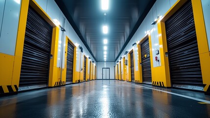 logistics infrastructure driving growth. Storage facility interior with yellow doors and bright lighting.