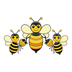 Four cartoon-bees-with-yellow-heads-and-striped.