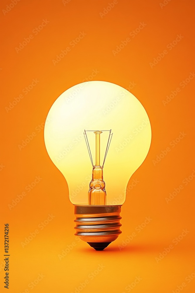 Poster close-up view of illuminated round light bulb with filament on vibrant orange background. suitable f