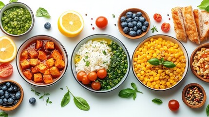 Colorful healthy meal prep bowls on white background with fresh ingredients